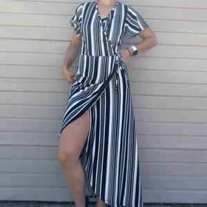 Hi/low striped wrap dress